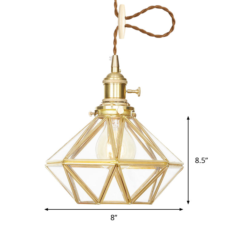 Diamond Pendant Ceiling Light Postmodern Clear/Frosted Glass 1 Light Brass Hanging Light with Adjustable Rope Clearhalo 'Ceiling Lights' 'Glass shade' 'Glass' 'Modern Pendants' 'Modern' 'Pendant Lights' 'Pendants' Lighting' 290711