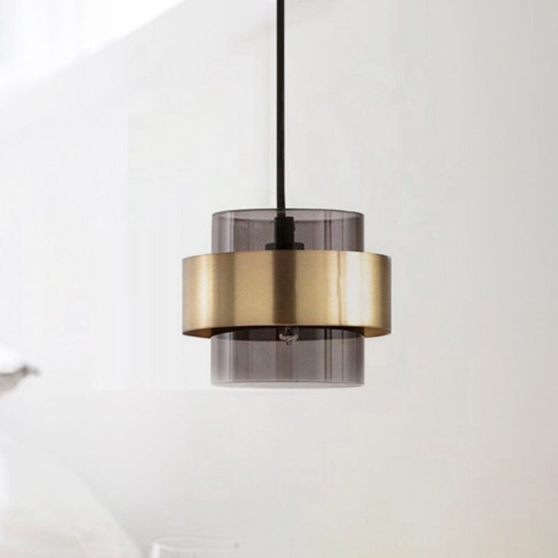 Cylinder Smoke Gray Glass Pendant Light Modern 1 Light Gold Hanging Ceiling Light Smoke Gray Clearhalo 'Ceiling Lights' 'Glass shade' 'Glass' 'Modern Pendants' 'Modern' 'Pendant Lights' 'Pendants' Lighting' 290712