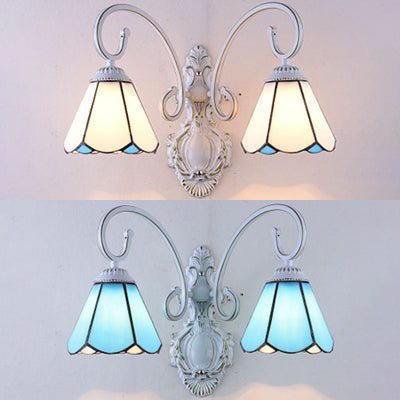 Vintage Retro Cone Wall Lighting Stained Glass 2 Heads Wall Light Fixture in White/Blue for Bedroom Clearhalo 'Industrial' 'Middle century wall lights' 'Tiffany wall lights' 'Tiffany' 'Wall Lamps & Sconces' 'Wall Lights' Lighting' 29079