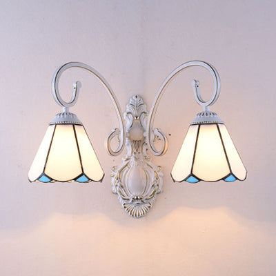 Vintage Retro Cone Wall Lighting Stained Glass 2 Heads Wall Light Fixture in White/Blue for Bedroom White Clearhalo 'Industrial' 'Middle century wall lights' 'Tiffany wall lights' 'Tiffany' 'Wall Lamps & Sconces' 'Wall Lights' Lighting' 29081