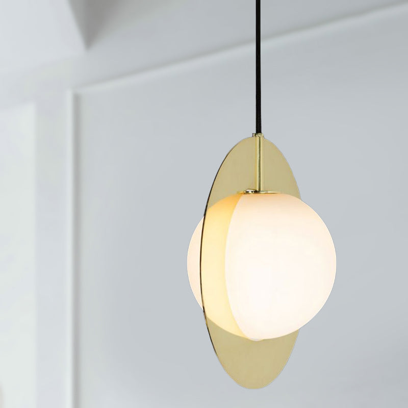 Globe White Glass Pendant Lamp Postmodern 1 Head Hanging Ceiling Light with Gold Ring Clearhalo 'Ceiling Lights' 'Glass shade' 'Glass' 'Modern Pendants' 'Modern' 'Pendant Lights' 'Pendants' Lighting' 290861