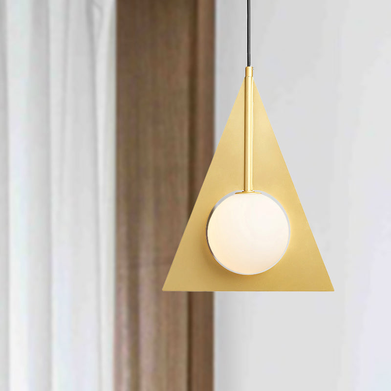 Triangle Ceiling Pendant Light Modern Metal 1 Head Gold Hanging Lamp Kit with Globe White Glass Shade Clearhalo 'Ceiling Lights' 'Glass shade' 'Glass' 'Modern Pendants' 'Modern' 'Pendant Lights' 'Pendants' Lighting' 290868