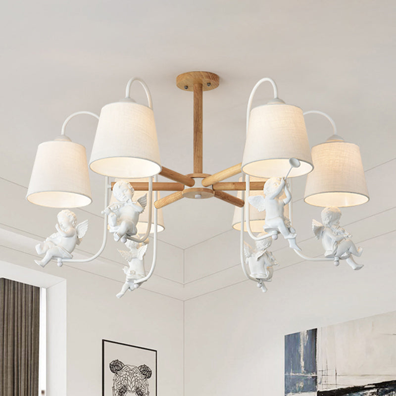 White Barrel Chandelier Lamp Contemporary 6 Heads Fabric Suspension Light with Angel Decoration Clearhalo 'Carpenter Chandeliers' 'Ceiling Lights' 'Chandeliers' 'Industrial' 'Modern Chandeliers' 'Modern' Lighting' 292724