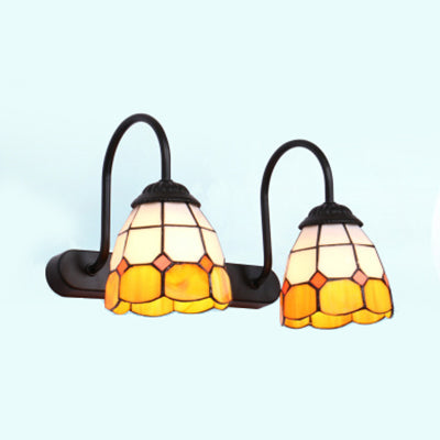 2 Heads Grid Patterned Vanity Lighting Baroque Blue/Yellow Glass Wall Mount Light Fixture Yellow Clearhalo 'Industrial' 'Middle century wall lights' 'Tiffany wall lights' 'Tiffany' 'Wall Lamps & Sconces' 'Wall Lights' Lighting' 29316