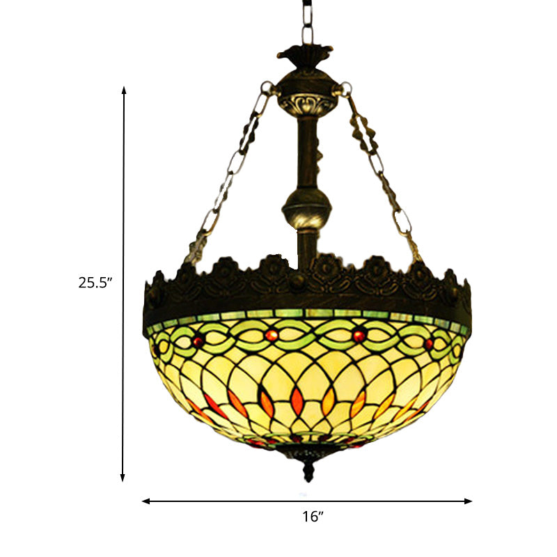 3 Lights Hanging Chandelier Mediterranean Dragonfly/Heart/Geometric Stained Glass Pendant Light in Antique Brass Clearhalo 'Ceiling Lights' 'Chandeliers' 'Glass shade' 'Glass' 'Industrial' 'Middle Century Chandeliers' 'Tiffany Chandeliers' 'Tiffany close to ceiling' 'Tiffany' Lighting' 293185