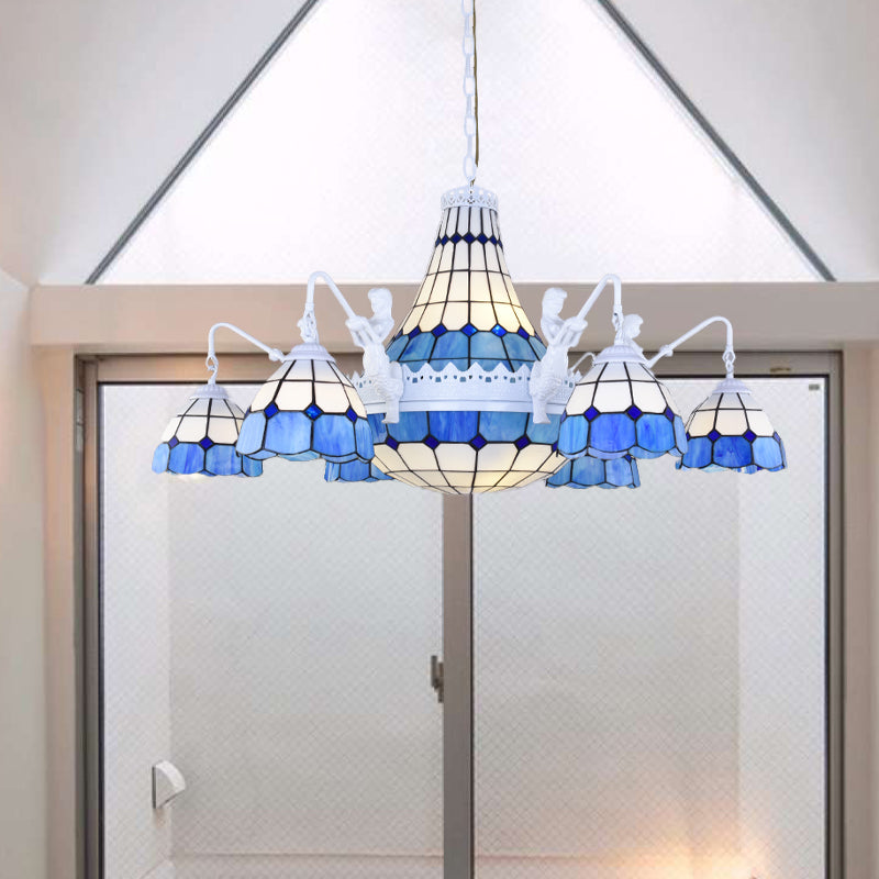 Stained Glass White Hanging Chandelier Grid Patterned 13 Lights Baroque Suspension Pendant White Clearhalo 'Ceiling Lights' 'Chandeliers' 'Glass shade' 'Glass' 'Industrial' 'Middle Century Chandeliers' 'Tiffany Chandeliers' 'Tiffany close to ceiling' 'Tiffany' Lighting' 293210