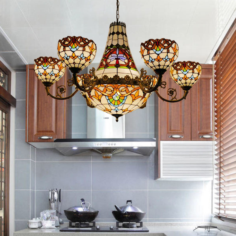 11/13 Lights Dining Room Pendant Chandelier Tiffany Brass Down Lighting with Dome Stained Glass Shade, 39