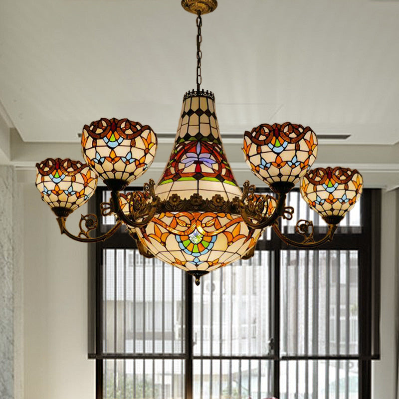 11/13 Lights Dining Room Pendant Chandelier Tiffany Brass Down Lighting with Dome Stained Glass Shade, 39