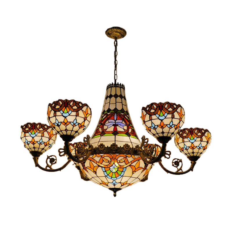 11/13 Lights Dining Room Pendant Chandelier Tiffany Brass Down Lighting with Dome Stained Glass Shade, 39