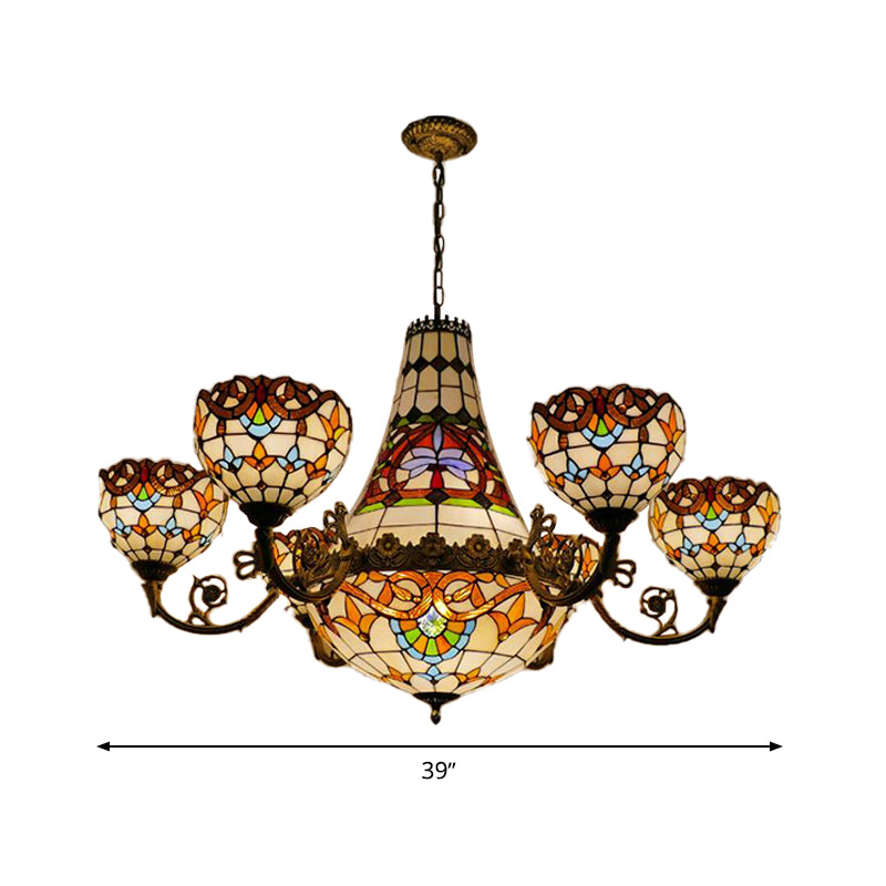 11/13 Lights Dining Room Pendant Chandelier Tiffany Brass Down Lighting with Dome Stained Glass Shade, 39