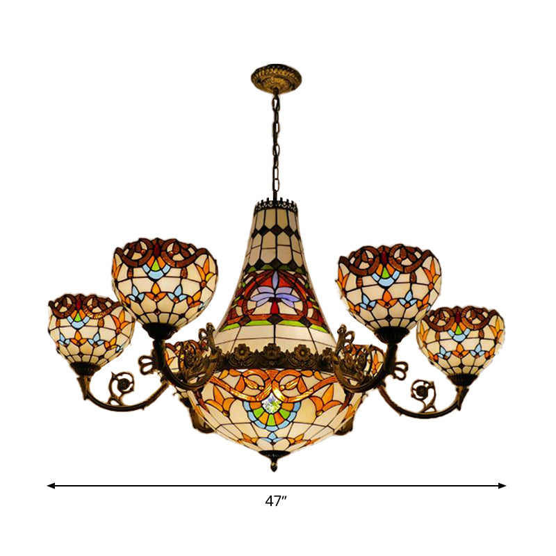 11/13 Lights Dining Room Pendant Chandelier Tiffany Brass Down Lighting with Dome Stained Glass Shade, 39