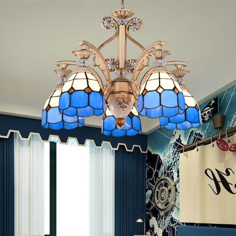 Baroque Dome Shape Chandelier Light 5/9/11 Lights Cut Glass Pendant Lighting Fixture in Blue, 23.5