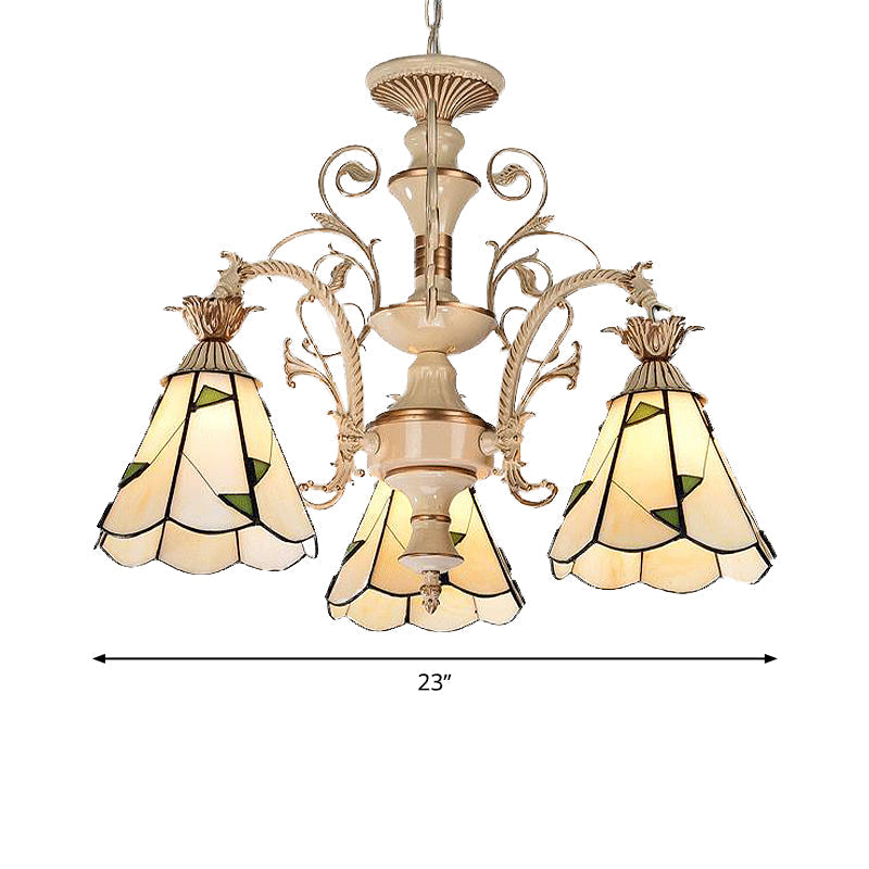 3/5 Lights Chandelier Lighting Fixture Baroque Stained Glass Drop Lamp in White and Gold Clearhalo 'Ceiling Lights' 'Chandeliers' 'Industrial' 'Middle Century Chandeliers' 'Tiffany Chandeliers' 'Tiffany close to ceiling' 'Tiffany' Lighting' 293293