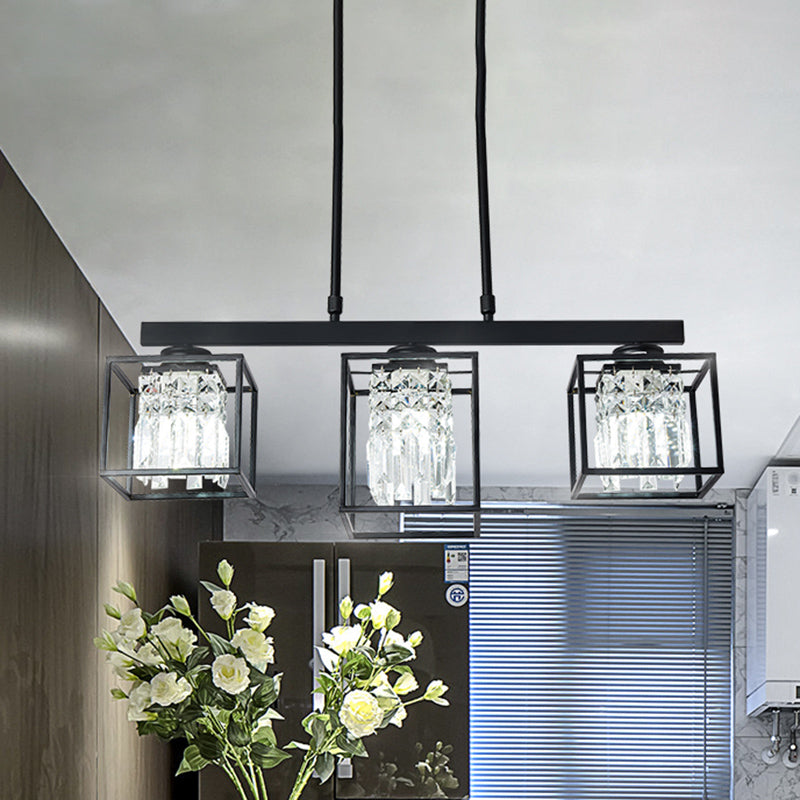 Tri-Sided Crystal Rod Black Hanging Ceiling Light Square 3/4 Heads Contemporary Island Lamp Clearhalo 'Ceiling Lights' 'Island Lights' Lighting' 293619