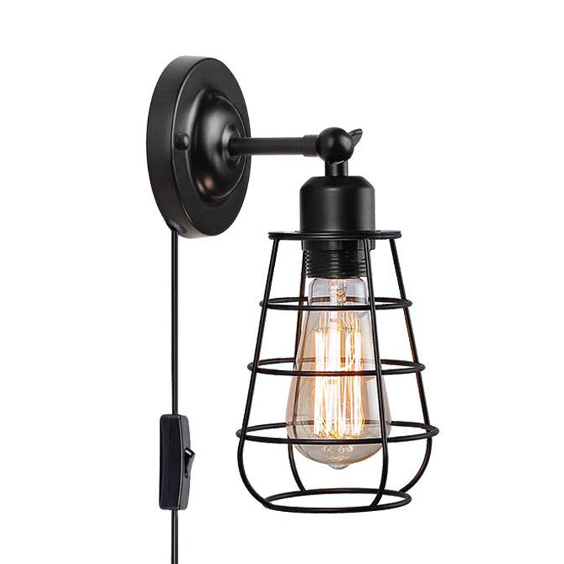 Warehouse Caged Wall Lighting Fixture 1/2 Bulbs Metallic Plug-in Pendant Light Black for Restaurant Clearhalo 'Art deco wall lights' 'Cast Iron' 'Glass' 'Industrial wall lights' 'Industrial' 'Middle century wall lights' 'Modern' 'Rustic wall lights' 'Tiffany' 'Traditional wall lights' 'Wall Lamps & Sconces' 'Wall Lights' Lighting' 294508