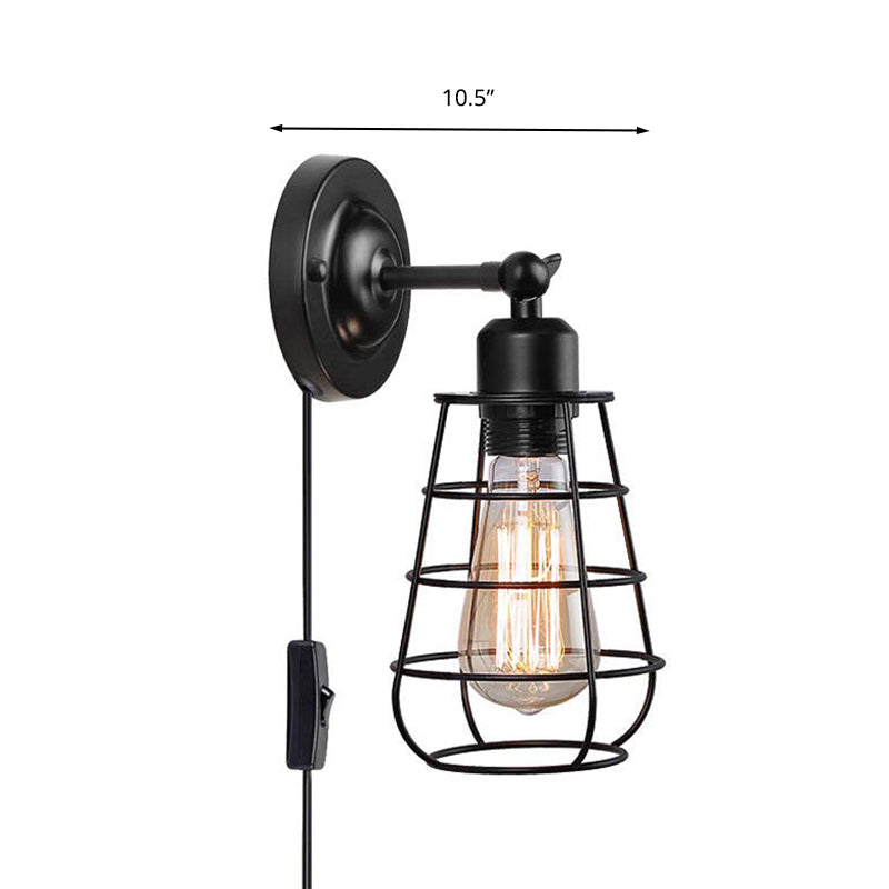 Warehouse Caged Wall Lighting Fixture 1/2 Bulbs Metallic Plug-in Pendant Light Black for Restaurant Clearhalo 'Art deco wall lights' 'Cast Iron' 'Glass' 'Industrial wall lights' 'Industrial' 'Middle century wall lights' 'Modern' 'Rustic wall lights' 'Tiffany' 'Traditional wall lights' 'Wall Lamps & Sconces' 'Wall Lights' Lighting' 294509