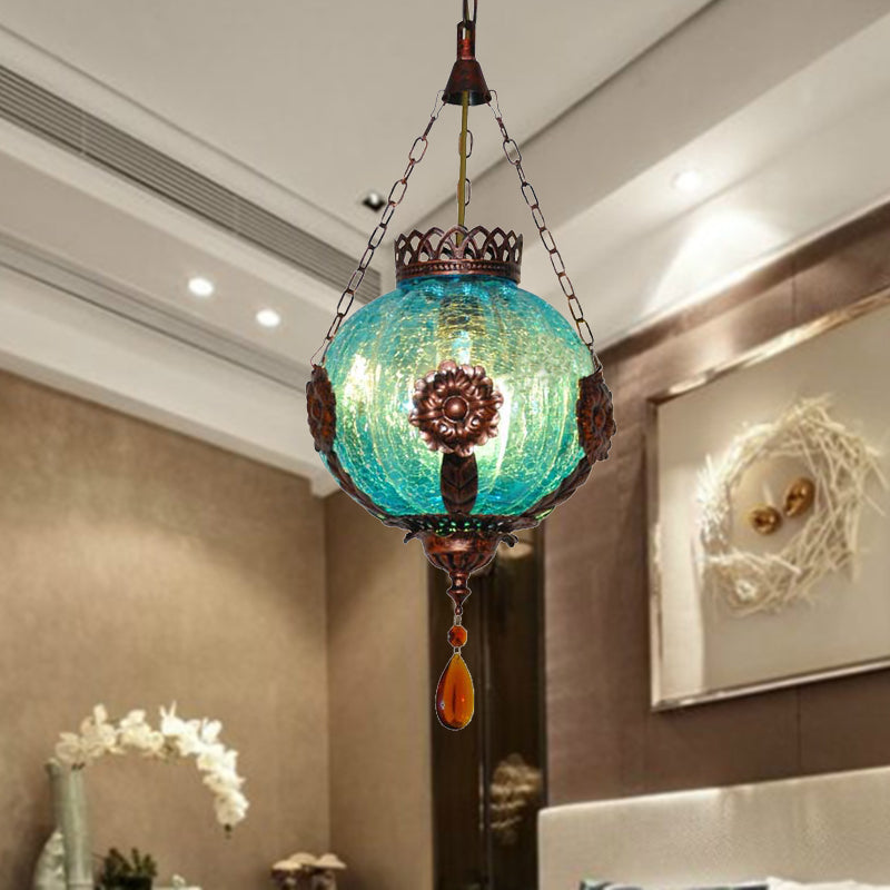 1 Light Sphere Suspension Lighting Vintage Blue Crackle Glass Hanging Ceiling Light Clearhalo 'Ceiling Lights' 'Close To Ceiling Lights' 'Glass shade' 'Glass' 'Pendant Lights' 'Pendants' Lighting' 294804