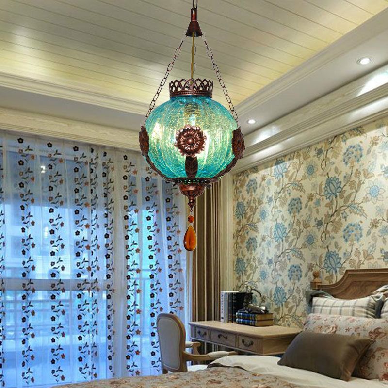 1 Light Sphere Suspension Lighting Vintage Blue Crackle Glass Hanging Ceiling Light Clearhalo 'Ceiling Lights' 'Close To Ceiling Lights' 'Glass shade' 'Glass' 'Pendant Lights' 'Pendants' Lighting' 294805