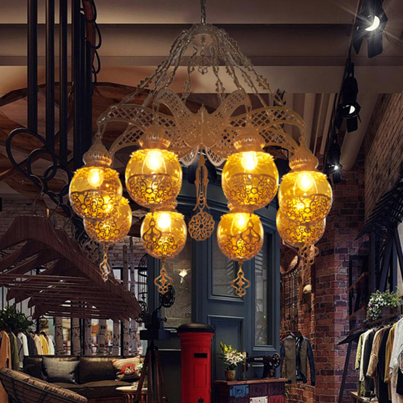 Yellow Glass Spherical Hanging Chandelier Moroccan 3/6/8 Lights Restaurant Suspension Lighting 8 Yellow Clearhalo 'Ceiling Lights' 'Chandeliers' 'Glass shade' 'Glass' 'Pendant Lights' Lighting' 294908