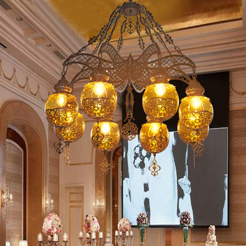 Yellow Glass Spherical Hanging Chandelier Moroccan 3/6/8 Lights Restaurant Suspension Lighting Clearhalo 'Ceiling Lights' 'Chandeliers' 'Glass shade' 'Glass' 'Pendant Lights' Lighting' 294909