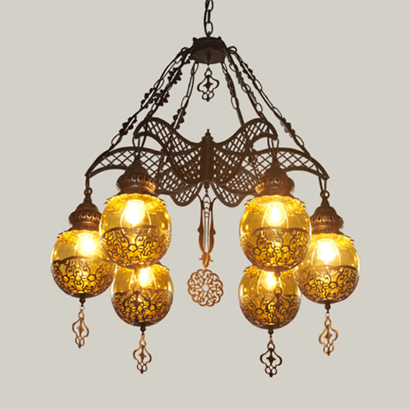 Yellow Glass Spherical Hanging Chandelier Moroccan 3/6/8 Lights Restaurant Suspension Lighting 6 Yellow Clearhalo 'Ceiling Lights' 'Chandeliers' 'Glass shade' 'Glass' 'Pendant Lights' Lighting' 294911