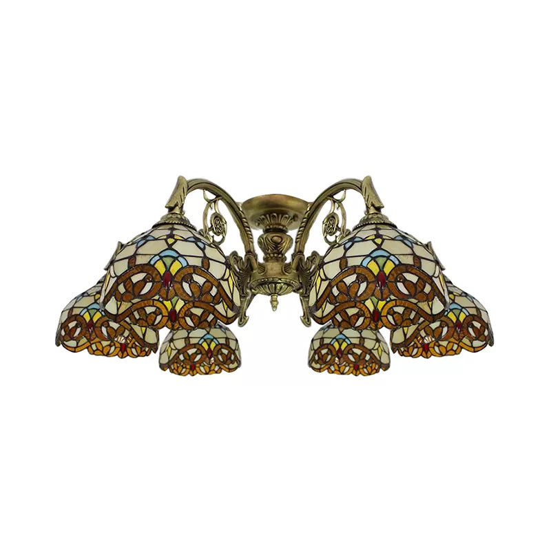 Ceiling Light for Living Room, Baroque Semi Flush Light in Aged Brass with Stained Glass Dome Shade Clearhalo 'Ceiling Lights' 'Close To Ceiling Lights' 'Close to ceiling' 'Glass shade' 'Glass' 'Semi-flushmount' 'Tiffany close to ceiling' 'Tiffany' Lighting' 2954