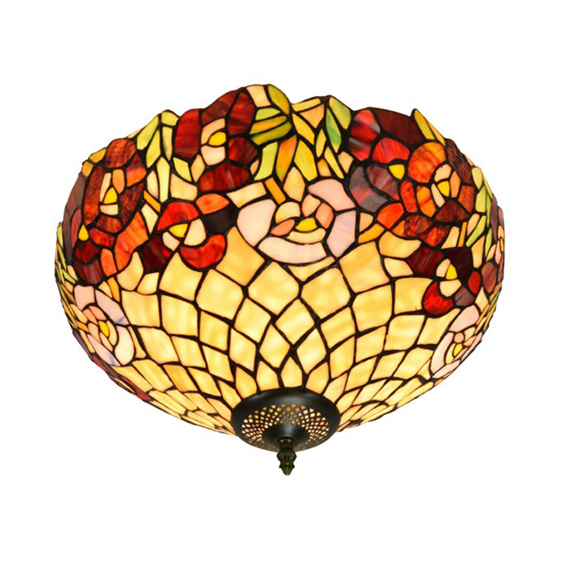 Tiffany-Style Bloom Flush Mount Recessed Lighting 3 Bulb Handcrafted Stained Glass Close to Ceiling Lamp in Bronze Clearhalo 'Ceiling Lights' 'Close To Ceiling Lights' 'Close to ceiling' 'Flush mount' Lighting' 295875