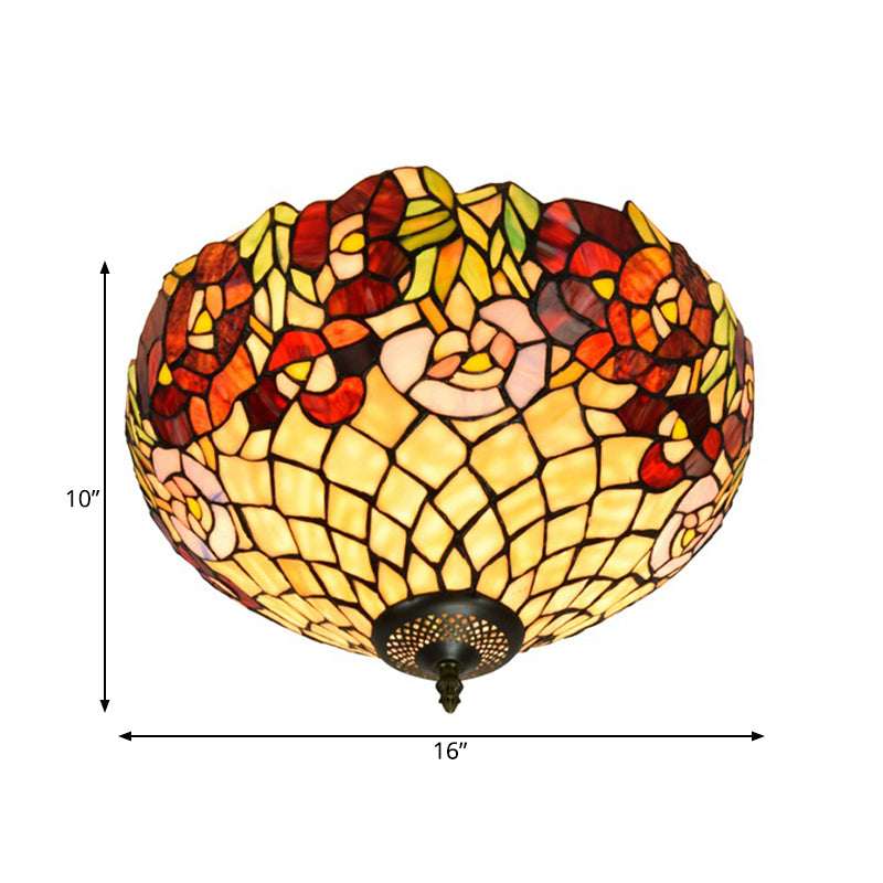 Tiffany-Style Bloom Flush Mount Recessed Lighting 3 Bulb Handcrafted Stained Glass Close to Ceiling Lamp in Bronze Clearhalo 'Ceiling Lights' 'Close To Ceiling Lights' 'Close to ceiling' 'Flush mount' Lighting' 295876