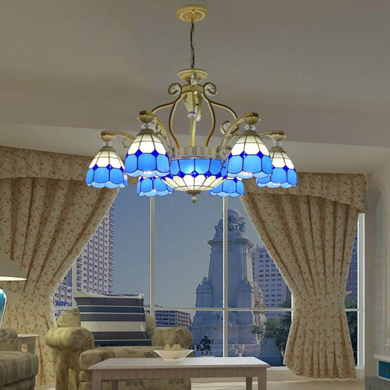 Cut Glass Orange/Blue/Dark Blue Hanging Chandelier Domed 8/11 Lights Tiffany Style Pendant Light Kit, 31.5