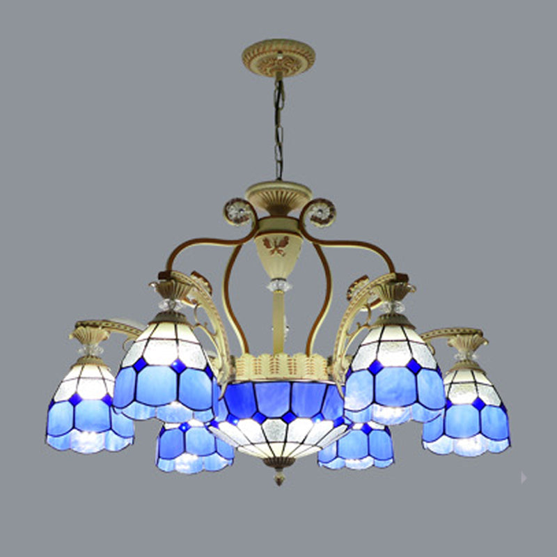 Cut Glass Orange/Blue/Dark Blue Hanging Chandelier Domed 8/11 Lights Tiffany Style Pendant Light Kit, 31.5