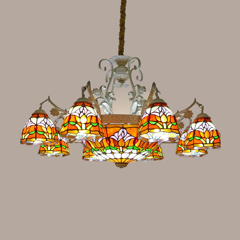 Dome Chandelier 9/11 Lights Stained Glass Mediterranean Hanging Pendant Light in Distressed White Clearhalo 'Ceiling Lights' 'Chandeliers' 'Close To Ceiling Lights' 'Industrial' 'Middle Century Chandeliers' 'Tiffany Chandeliers' 'Tiffany close to ceiling' 'Tiffany' Lighting' 295957