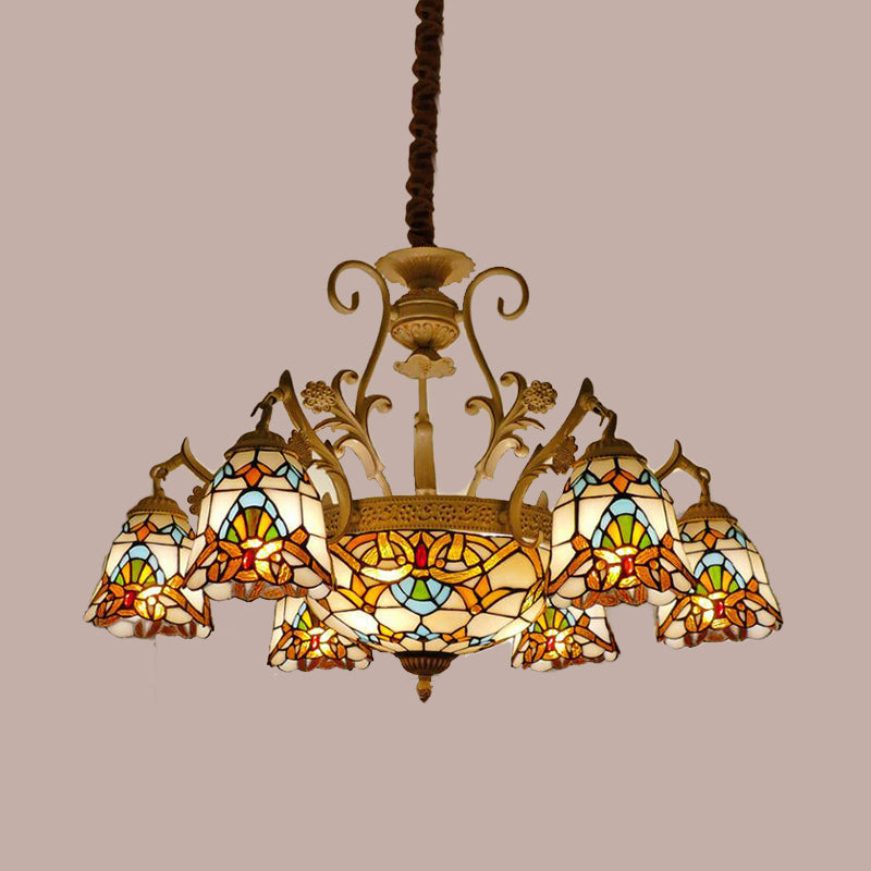 Flower Chandelier Light Tiffany Stained Glass 9/11 Lights White and Gold Suspension Lighting Clearhalo 'Ceiling Lights' 'Chandeliers' 'Industrial' 'Middle Century Chandeliers' 'Tiffany Chandeliers' 'Tiffany close to ceiling' 'Tiffany' Lighting' 295967