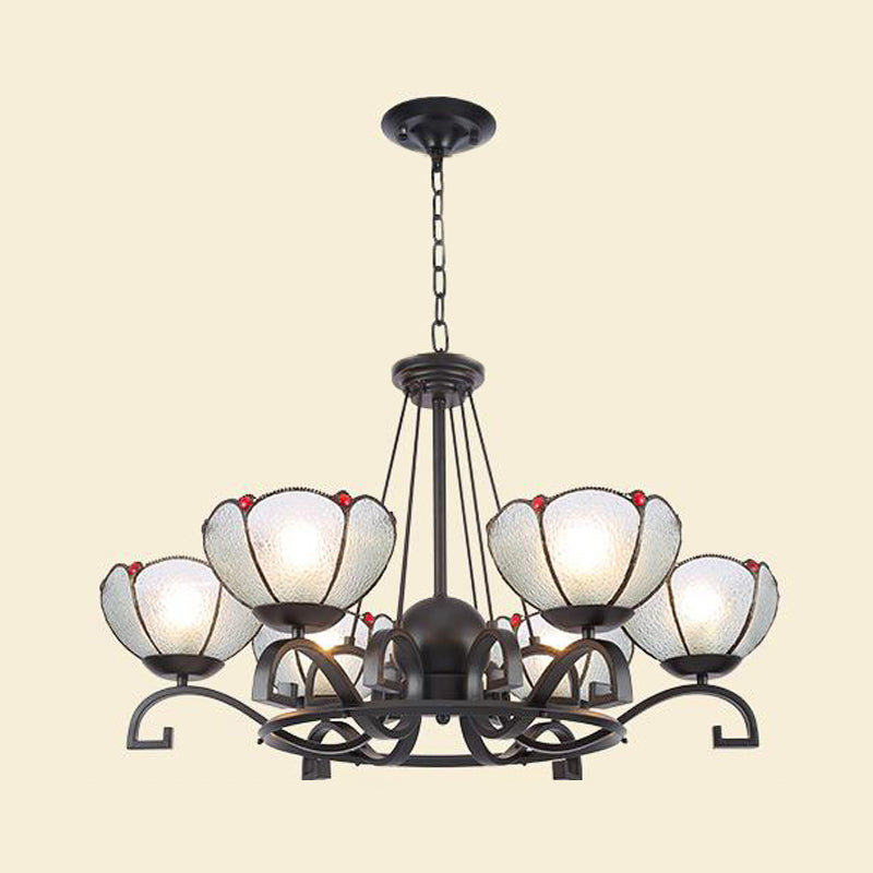 Tiffany Gem/Pearl/Magnolia Chandelier Light 3/6/8 Lights Frosted Glass Suspension Lighting Fixture in Black, 25