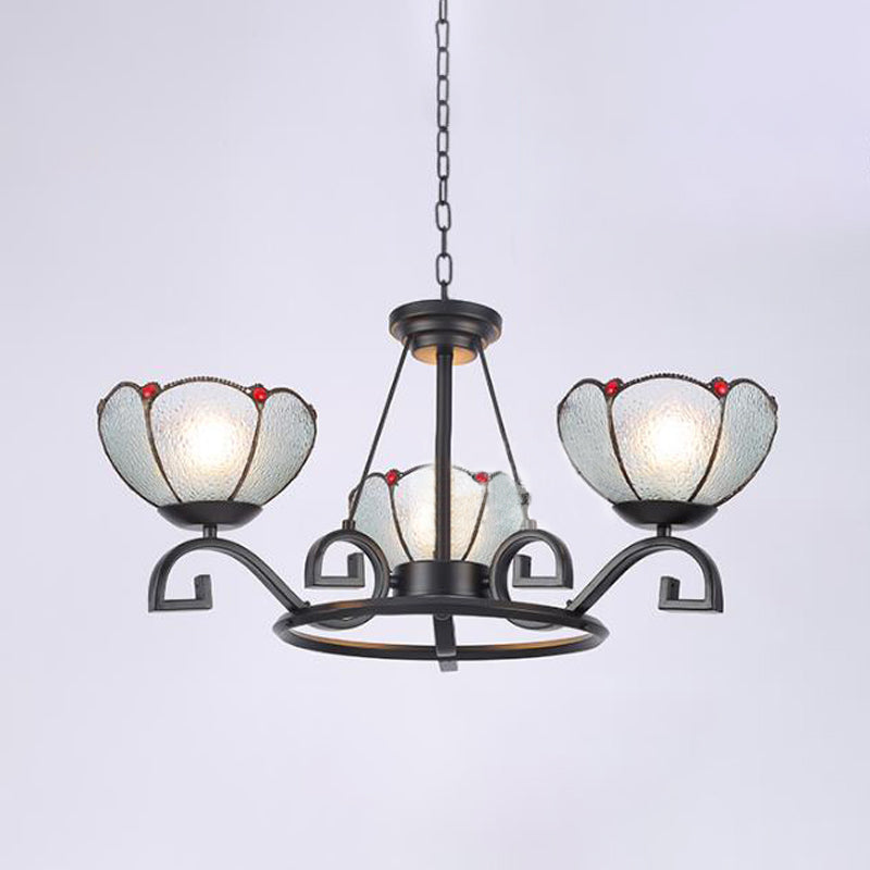 Tiffany Gem/Pearl/Magnolia Chandelier Light 3/6/8 Lights Frosted Glass Suspension Lighting Fixture in Black, 25