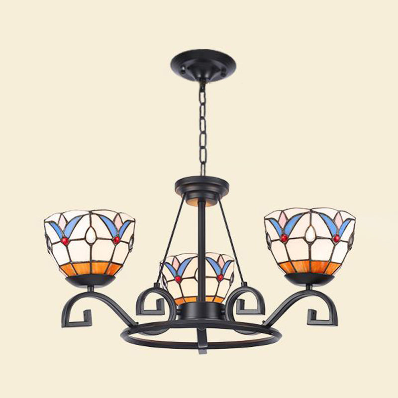 Tiffany Gem/Pearl/Magnolia Chandelier Light 3/6/8 Lights Frosted Glass Suspension Lighting Fixture in Black, 25