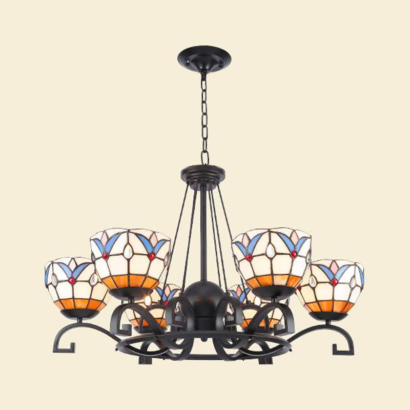 Tiffany Gem/Pearl/Magnolia Chandelier Light 3/6/8 Lights Frosted Glass Suspension Lighting Fixture in Black, 25