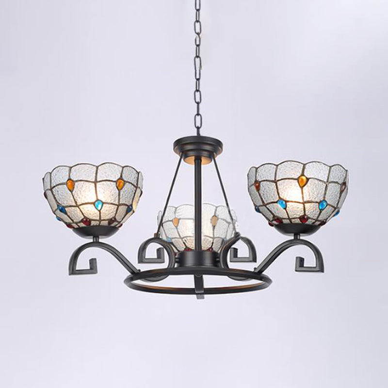 Tiffany Gem/Pearl/Magnolia Chandelier Light 3/6/8 Lights Frosted Glass Suspension Lighting Fixture in Black, 25