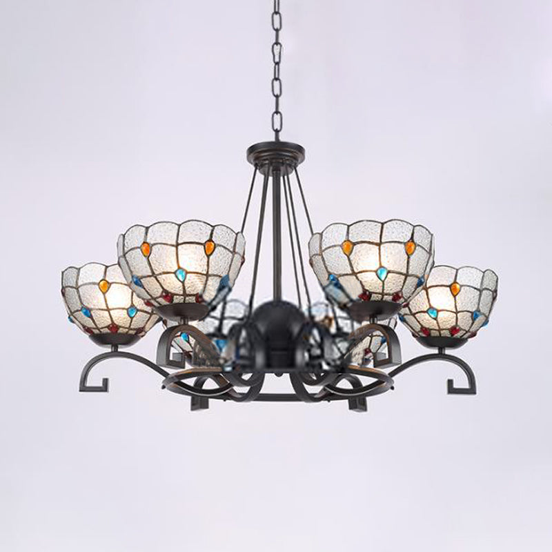 Tiffany Gem/Pearl/Magnolia Chandelier Light 3/6/8 Lights Frosted Glass Suspension Lighting Fixture in Black, 25