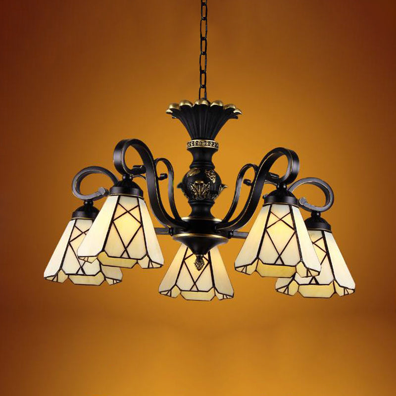 Yellow Glass Cone Chandelier Lighting Baroque 5/6/8 Lights Black Ceiling Suspension Lamp 5 Yellow Clearhalo 'Ceiling Lights' 'Chandeliers' 'Industrial' 'Middle Century Chandeliers' 'Tiffany Chandeliers' 'Tiffany close to ceiling' 'Tiffany' Lighting' 296045