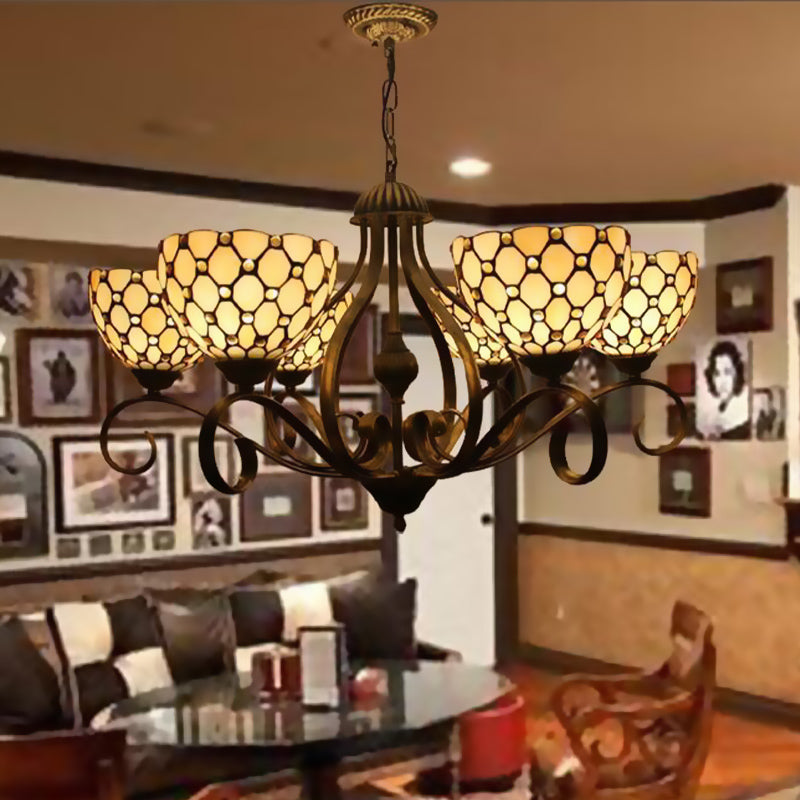 Beige 3/6/8 Lights Pendant Chandelier Mediterranean Stained Glass Jeweled Suspension Lamp, 25.5