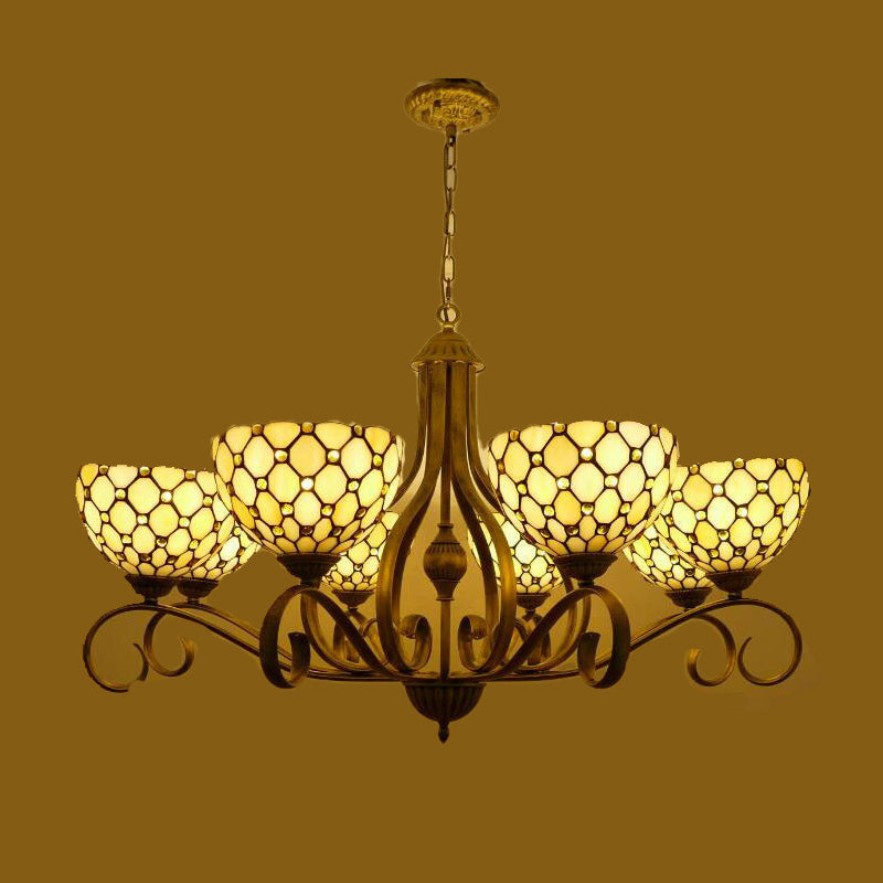 Beige 3/6/8 Lights Pendant Chandelier Mediterranean Stained Glass Jeweled Suspension Lamp, 25.5