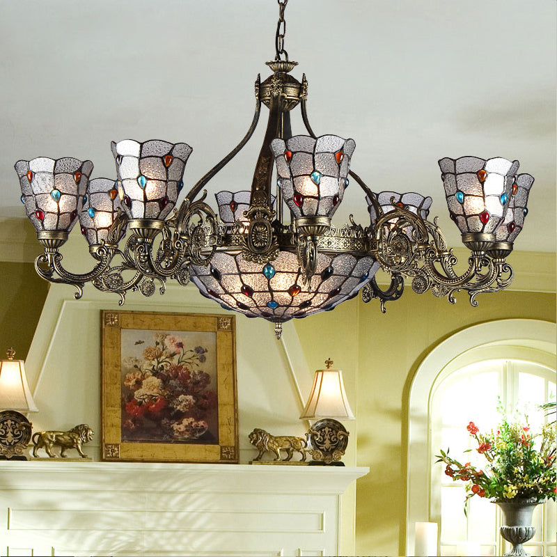 Antique Bronze 3/6/11 Lights Chandelier Lighting Fixture Mediterranean Cut Glass Jeweled Ceiling Lamp 11 Antique Bronze Clearhalo 'Ceiling Lights' 'Chandeliers' 'Industrial' 'Middle Century Chandeliers' 'Tiffany Chandeliers' 'Tiffany close to ceiling' 'Tiffany' Lighting' 296084