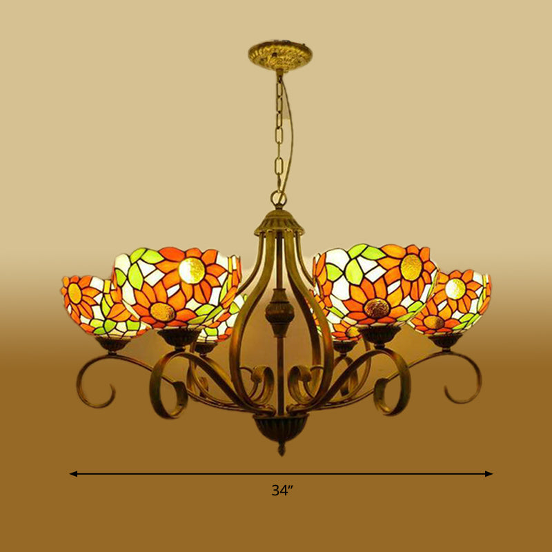 Stained Glass Antique Brass Chandelier Light Fixture Sunflower 3/6/8 Lights Tiffany Style Drop Pendant, 25.5