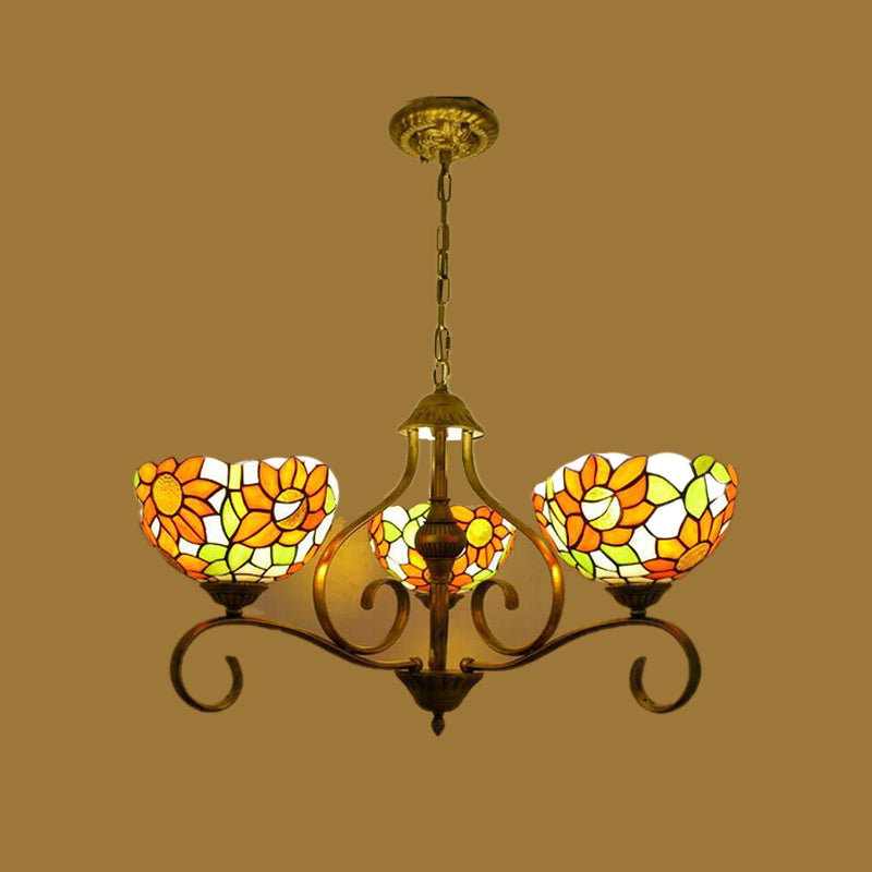 Stained Glass Antique Brass Chandelier Light Fixture Sunflower 3/6/8 Lights Tiffany Style Drop Pendant, 25.5