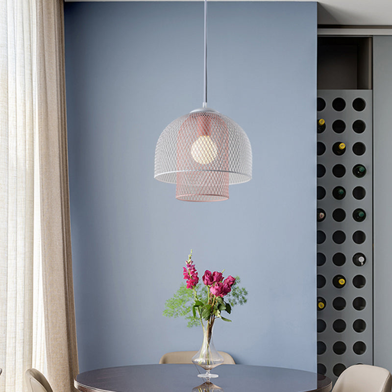 Wire Mesh Pendant Lamp Contemporary Metallic 1 Light White and Pink/White and Blue Hanging Light White-Pink Clearhalo 'Ceiling Lights' 'Modern Pendants' 'Modern' 'Pendant Lights' 'Pendants' Lighting' 296213