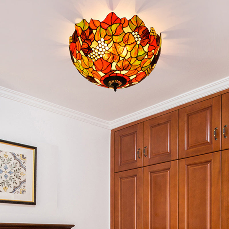 Tiffany Rose/Grape Flush Mount Lamp 5 Bulbs Stained Glass Close to Ceiling Lighting Fixture in Bronze Bronze Grape Clearhalo 'Ceiling Lights' 'Close To Ceiling Lights' 'Close to ceiling' 'Flush mount' Lighting' 296279