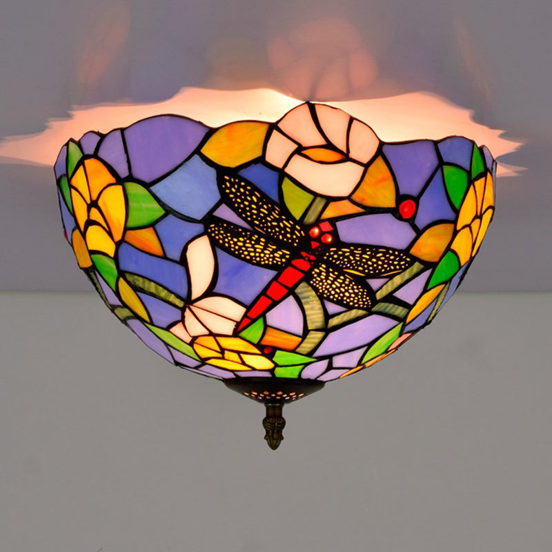 Tiffany Dragonfly Flush Mount Recessed Lighting 2 Bulbs Handcrafted Stained Glass Close to Ceiling Lamp in Brass Clearhalo 'Ceiling Lights' 'Close To Ceiling Lights' 'Close to ceiling' 'Flush mount' Lighting' 296378