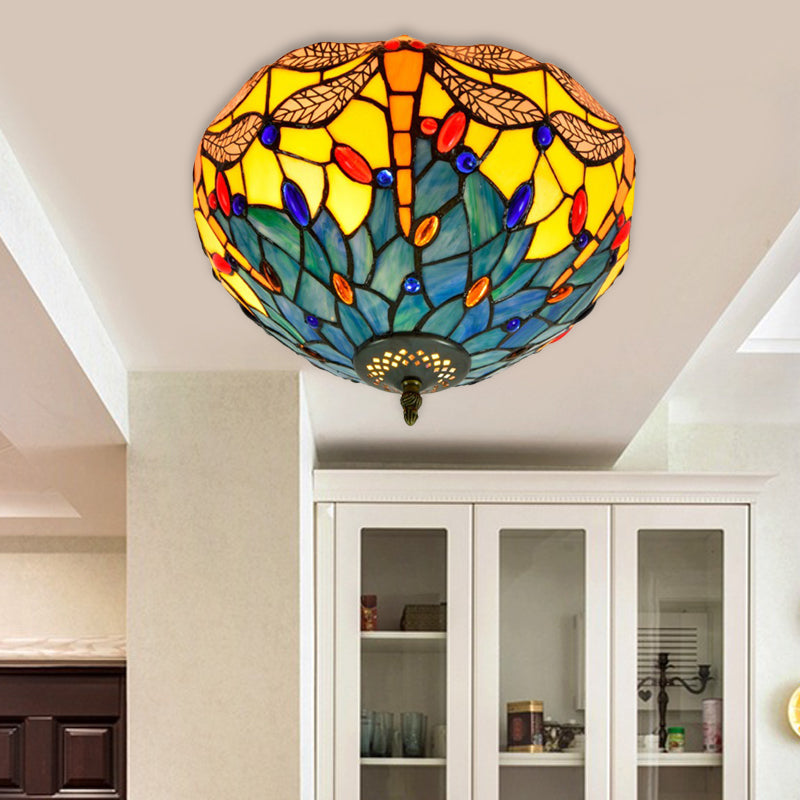 Tiffany Dragonfly Flush Mount Recessed Lighting 2 Bulbs Handcrafted Stained Glass Close to Ceiling Lamp in Brass Brass B Clearhalo 'Ceiling Lights' 'Close To Ceiling Lights' 'Close to ceiling' 'Flush mount' Lighting' 296382