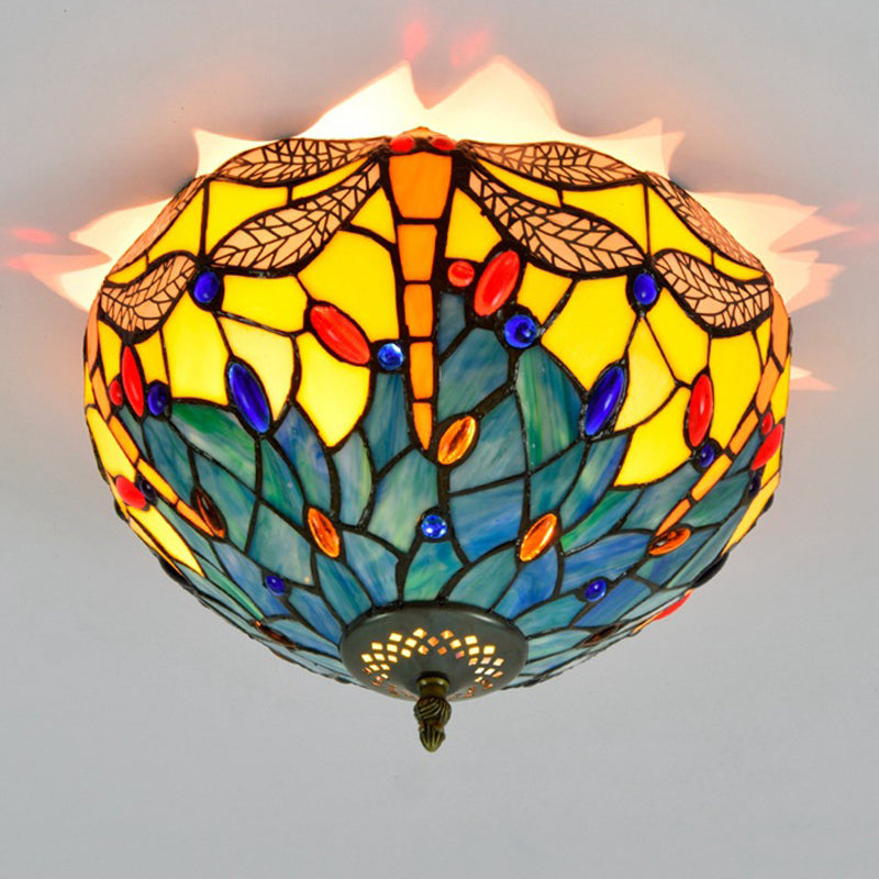 Tiffany Dragonfly Flush Mount Recessed Lighting 2 Bulbs Handcrafted Stained Glass Close to Ceiling Lamp in Brass Clearhalo 'Ceiling Lights' 'Close To Ceiling Lights' 'Close to ceiling' 'Flush mount' Lighting' 296383