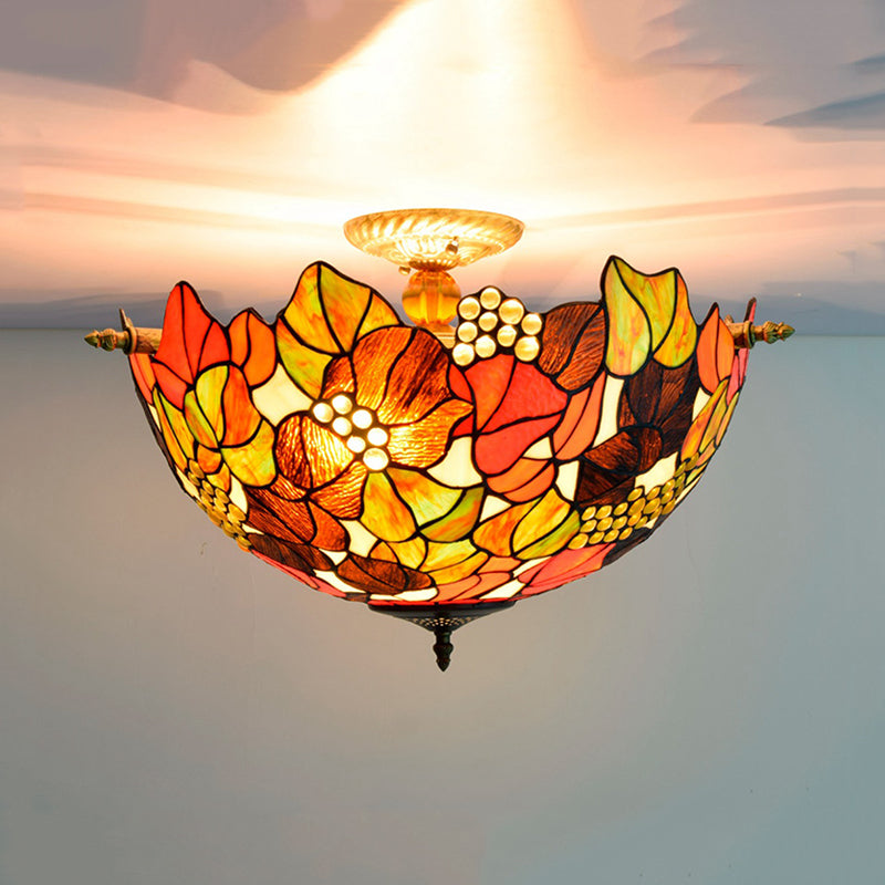 Hand Cut Glass Brass Light Fixture Grape 5 Lights Tiffany-Style Semi Flush Mount Ceiling Light Brass Clearhalo 'Ceiling Lights' 'Close To Ceiling Lights' 'Close to ceiling' 'Glass shade' 'Glass' 'Semi-flushmount' 'Tiffany close to ceiling' 'Tiffany' Lighting' 296423